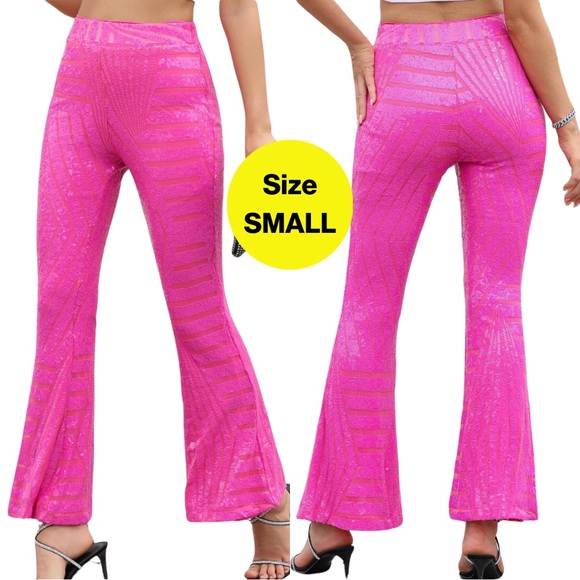 NEW 💞 Barbie Hot Pink, Sparkly, Sequins, High Waisted, Wide Leg Bell Bottoms - Picture 1 of 16